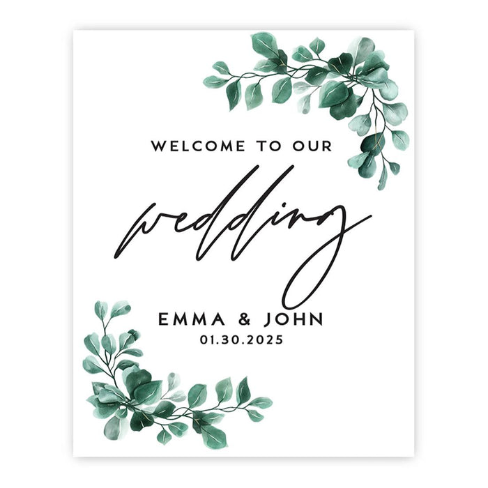 Custom Wedding Sign, Elegant Canvas Welcome for Ceremony and Reception, Set of 1-Set of 1-Andaz Press-Greenery Eucalyptus-