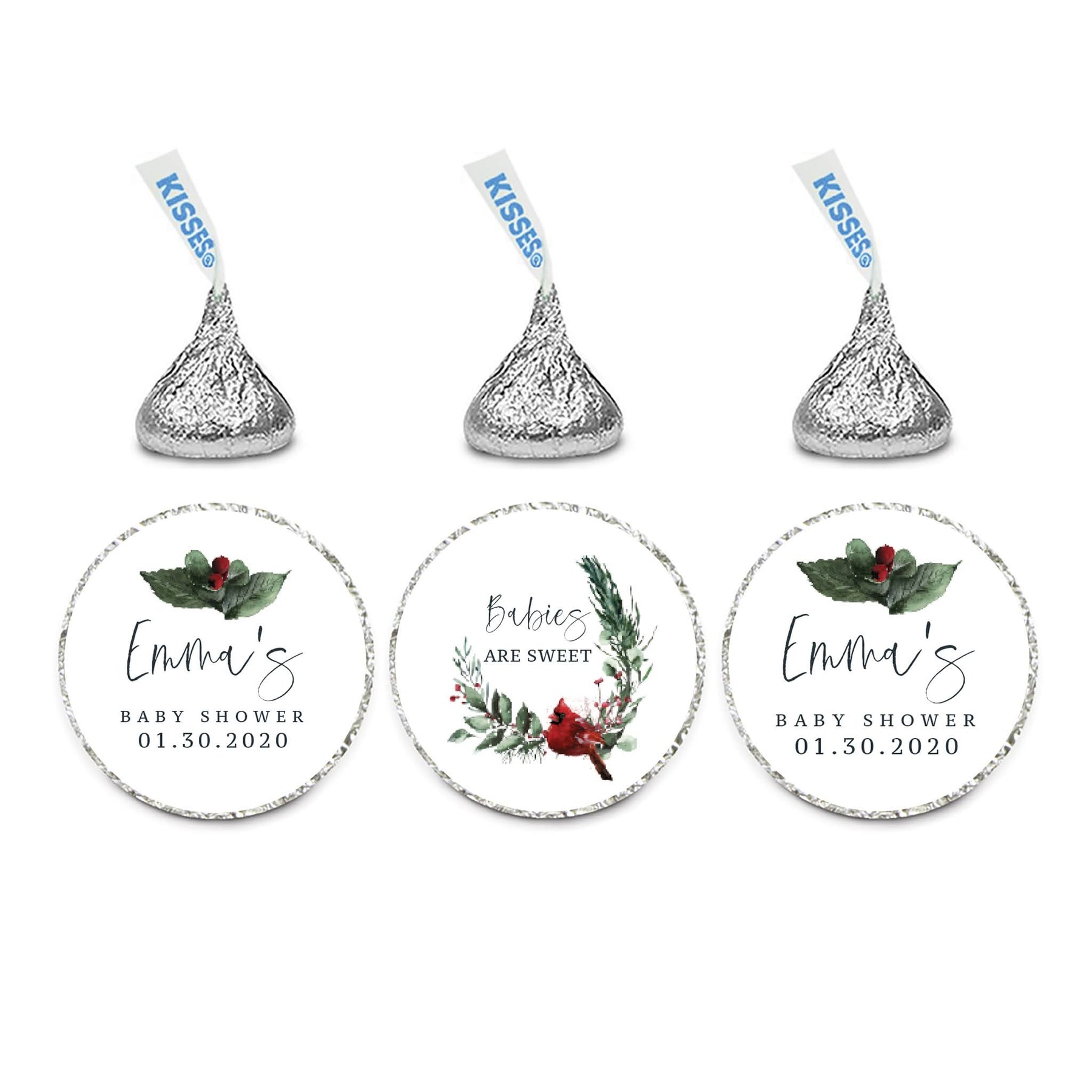 Custom Winter Snowy Woodland Forest Watercolor Baby Shower, Chocolate Drop Label Stickers Trio, Fits Hershey's Kisses, Favors-Set of 216-Andaz Press-