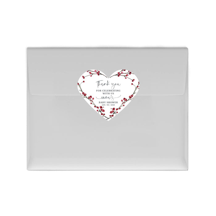 Custom Winter Snowy Woodland Forest Watercolor Baby Shower Party, Heart Label Stickers, Winter Baby Shower Favor Labels-Set of 75-Andaz Press-Thank You for Celebrating-