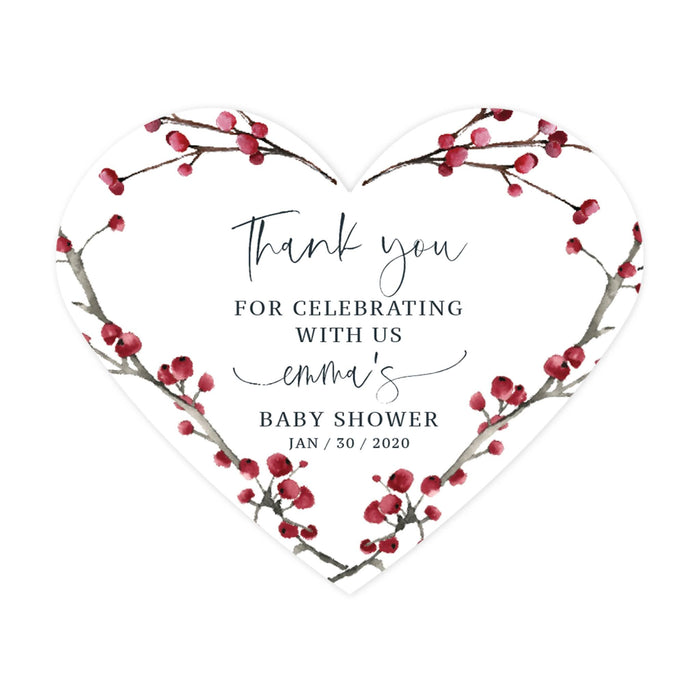 Custom Winter Snowy Woodland Forest Watercolor Baby Shower Party, Heart Label Stickers, Winter Baby Shower Favor Labels-Set of 75-Andaz Press-Thank You for Celebrating-