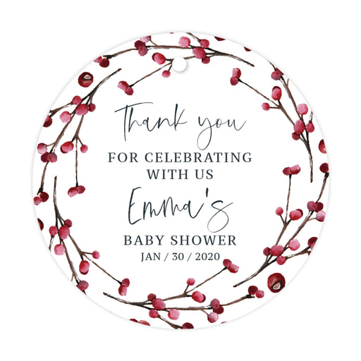 Custom Winter Snowy Woodland Forest Watercolor Baby Shower Party, Round Circle Gift Tags, Winter Baby Shower Favor Labels-Set of 24-Andaz Press-Thank You for Celebrating-