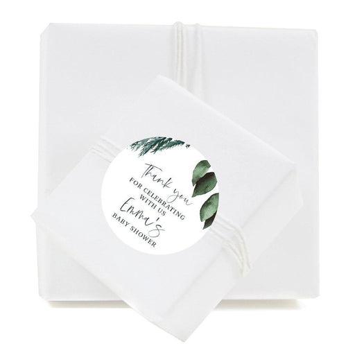 Custom Winter Snowy Woodland Forest Watercolor Baby Shower Party Round Circle Label Stickers, Favors-Set of 40-Andaz Press-Thank You for Celebrating Custom-