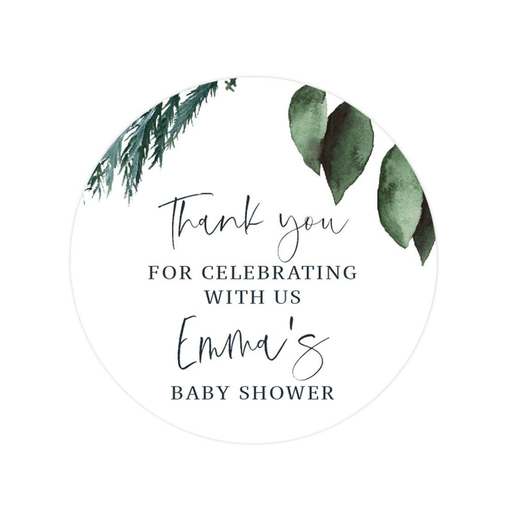 Custom Winter Snowy Woodland Forest Watercolor Baby Shower Party Round Circle Label Stickers, Favors-Set of 40-Andaz Press-Thank You for Celebrating Custom-