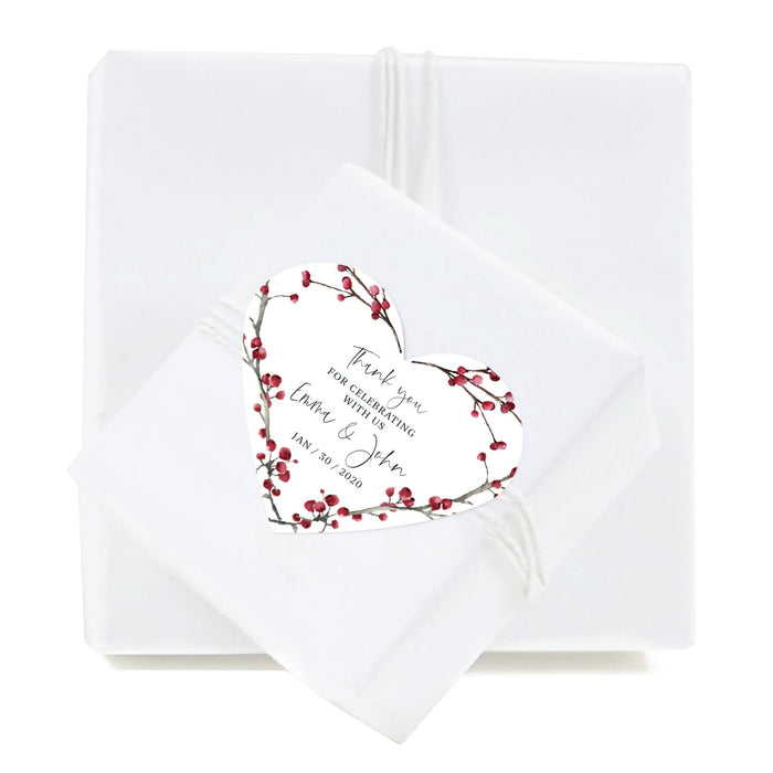 Custom Winter Snowy Woodland Forest Watercolor Wedding Collection, Heart Label Stickers, Thank You for Celebrating With Us-Set of 75-Andaz Press-