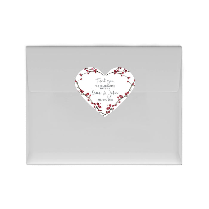 Custom Winter Snowy Woodland Forest Watercolor Wedding Collection, Heart Label Stickers, Thank You for Celebrating With Us-Set of 75-Andaz Press-