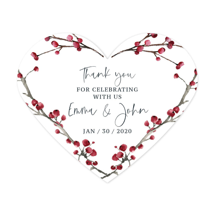 Custom Winter Snowy Woodland Forest Watercolor Wedding Collection, Heart Label Stickers, Thank You for Celebrating With Us-Set of 75-Andaz Press-