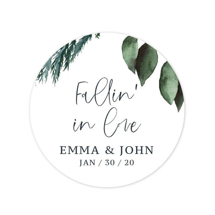Custom Winter Snowy Woodland Forest Watercolor Wedding Party Collection, Round Label Favor Stickers-Set of 40-Andaz Press-Falling in Love-