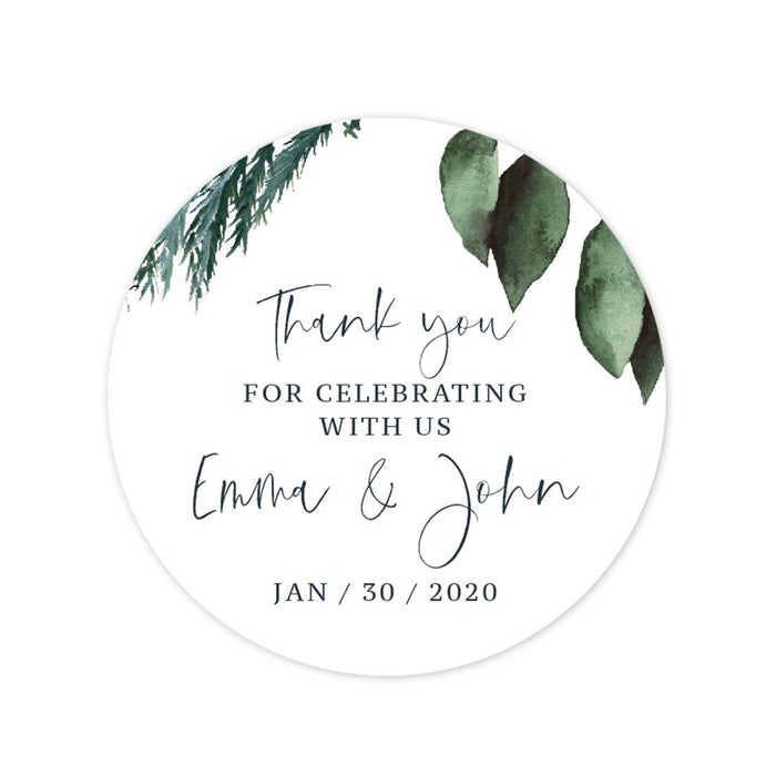 Custom Winter Snowy Woodland Forest Watercolor Wedding Party Collection, Round Label Favor Stickers-Set of 40-Andaz Press-Thank You for Celebrating-