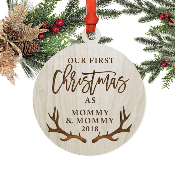 Custom Year Family Laser Engraved Wood Christmas Ornament, Deer Antlers Design 1-Set of 1-Andaz Press-Mommy Mommy-