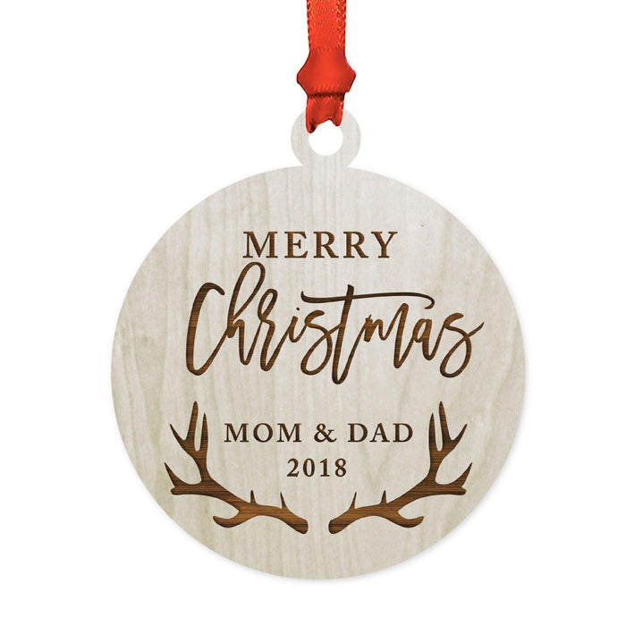 Custom Year Family Laser Engraved Wood Christmas Ornament, Deer Antlers Design 1-Set of 1-Andaz Press-Mom Dad Merry Christmas-