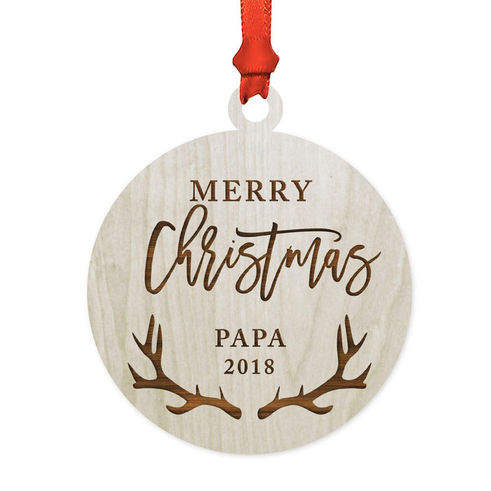 Custom Year Family Laser Engraved Wood Christmas Ornament, Deer Antlers Design 2-Set of 1-Andaz Press-Grandma Grandpa Merry Christmas-