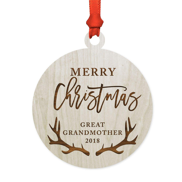 Custom Year Family Laser Engraved Wood Christmas Ornament, Deer Antlers Design 2-Set of 1-Andaz Press-Grandma Grandpa Merry Christmas-