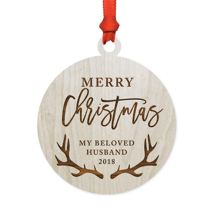 Custom Year Family Laser Engraved Wood Christmas Ornament, Deer Antlers Design 2-Set of 1-Andaz Press-Grandma Grandpa Merry Christmas-