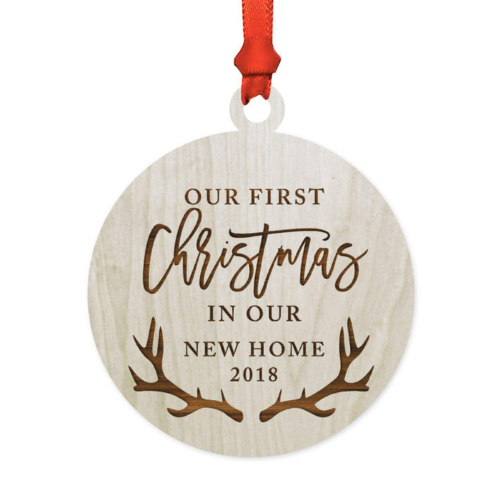 Custom Year Family Laser Engraved Wood Christmas Ornament, Deer Antlers Design 2-Set of 1-Andaz Press-Grandma Grandpa Merry Christmas-
