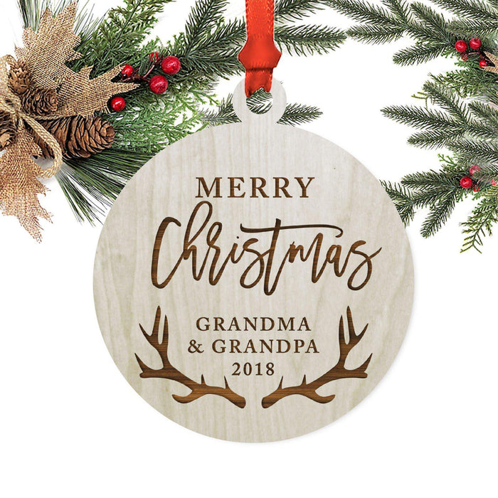 Custom Year Family Laser Engraved Wood Christmas Ornament, Deer Antlers Design 2-Set of 1-Andaz Press-Grandma Grandpa Merry Christmas-