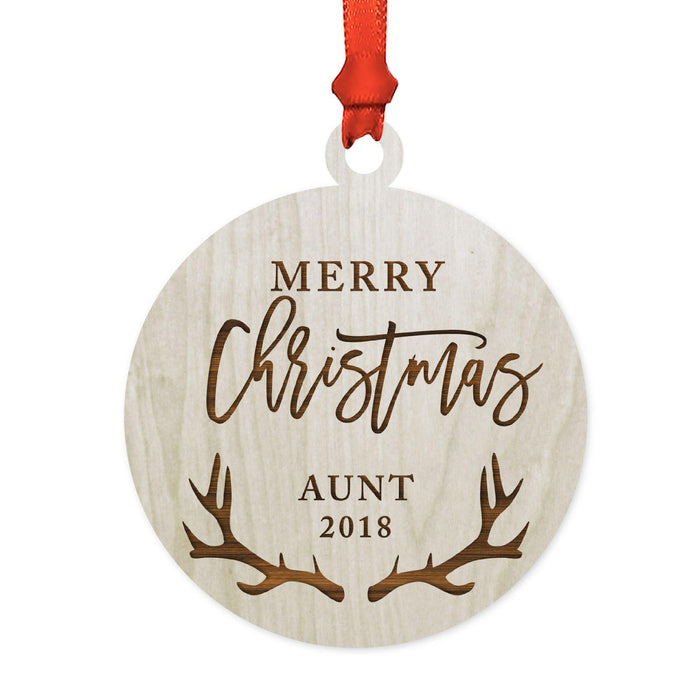 Custom Year Family Laser Engraved Wood Christmas Ornament, Deer Antlers Design 2-Set of 1-Andaz Press-Aunt Merry Christmas-