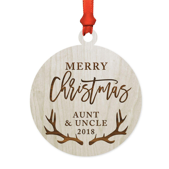 Custom Year Family Laser Engraved Wood Christmas Ornament, Deer Antlers Design 2-Set of 1-Andaz Press-Aunt Uncle Merry Christmas-