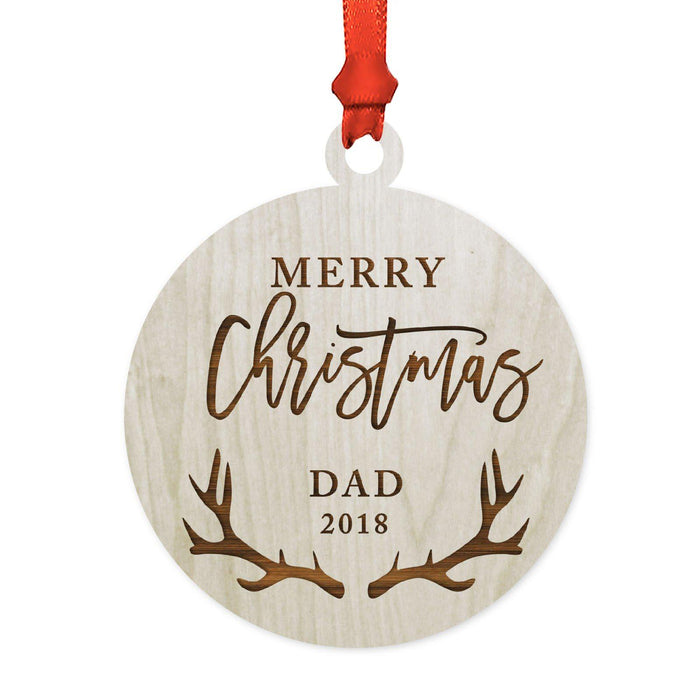 Custom Year Family Laser Engraved Wood Christmas Ornament, Deer Antlers Design 2-Set of 1-Andaz Press-Dad Merry Christmas-