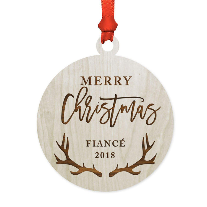 Custom Year Family Laser Engraved Wood Christmas Ornament, Deer Antlers Design 2-Set of 1-Andaz Press-Fiancé Merry Christmas-