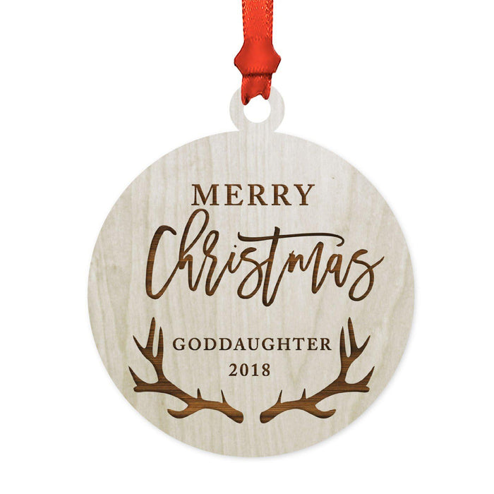 Custom Year Family Laser Engraved Wood Christmas Ornament, Deer Antlers Design 2-Set of 1-Andaz Press-Goddaughter Merry Christmas-