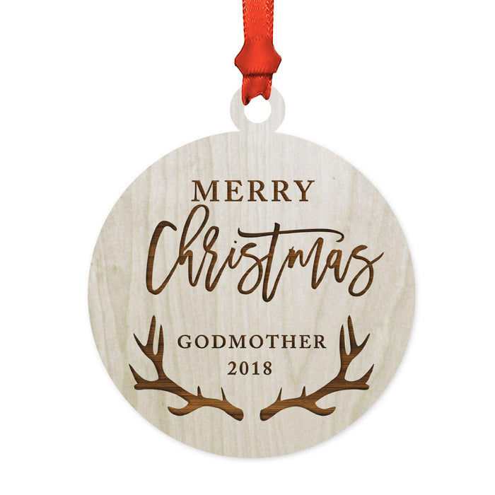 Custom Year Family Laser Engraved Wood Christmas Ornament, Deer Antlers Design 2-Set of 1-Andaz Press-Godmother Merry Christmas-