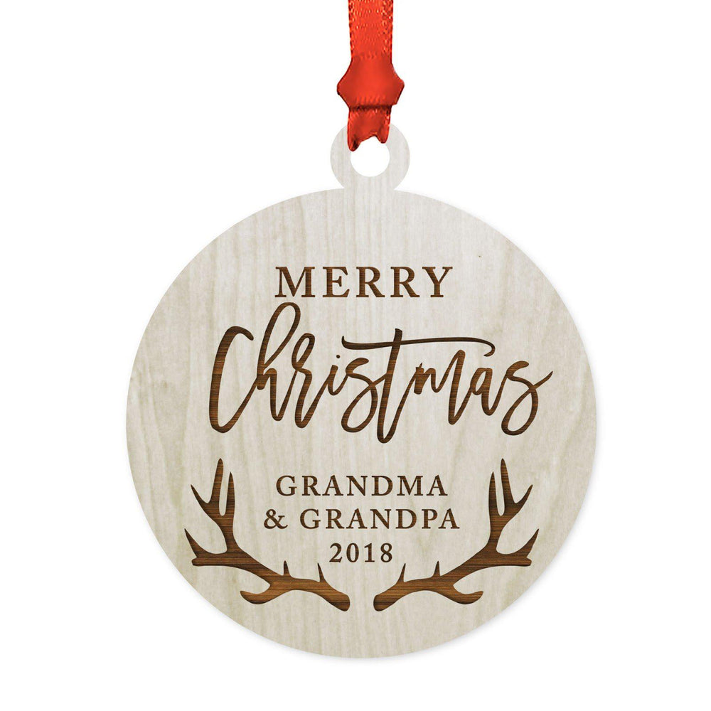 Custom Year Family Laser Engraved Wood Christmas Ornament, Deer Antlers Design 2-Set of 1-Andaz Press-Grandma Grandpa Merry Christmas-