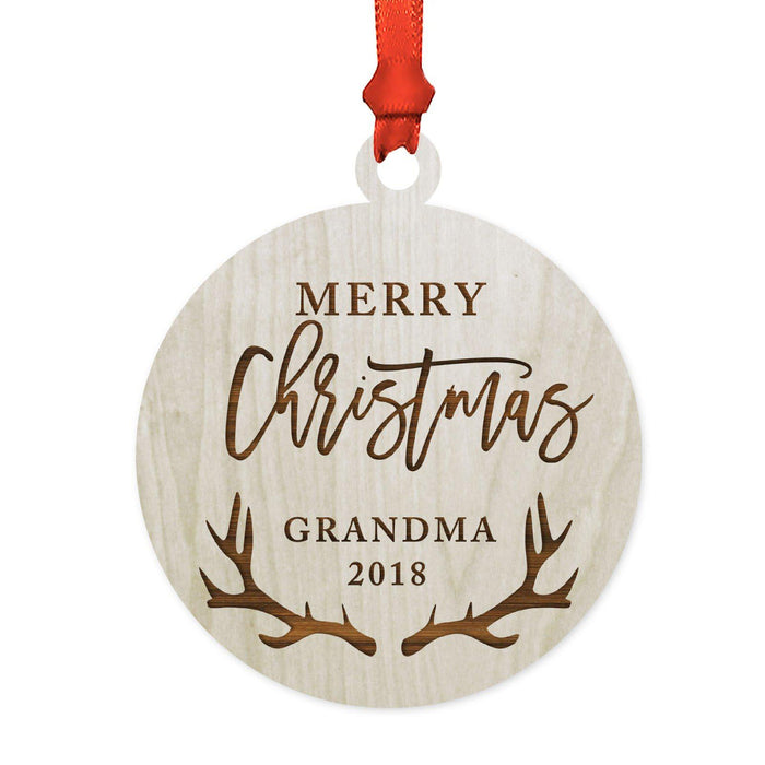 Custom Year Family Laser Engraved Wood Christmas Ornament, Deer Antlers Design 2-Set of 1-Andaz Press-Grandma Merry Christmas-