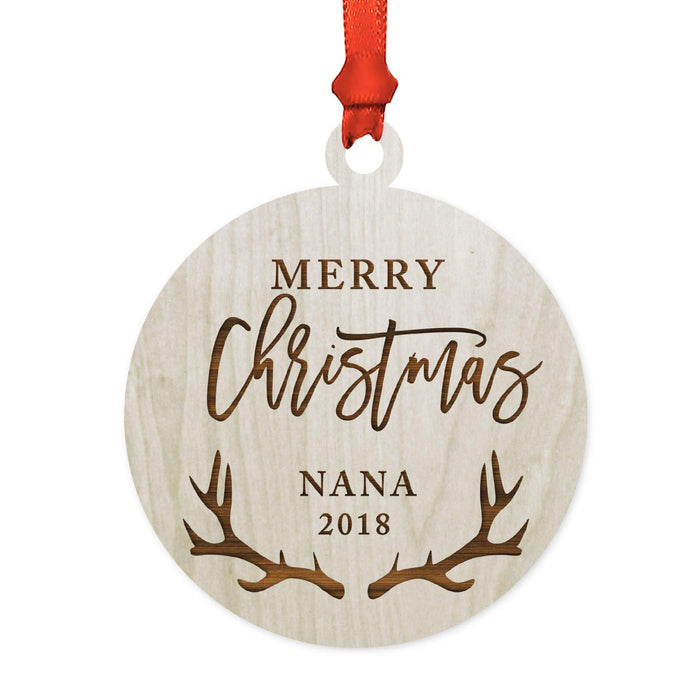 Custom Year Family Laser Engraved Wood Christmas Ornament, Deer Antlers Design 2-Set of 1-Andaz Press-Grandma Nana Merry Christmas-