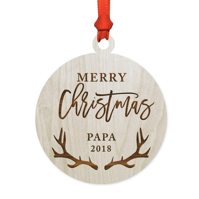 Custom Year Family Laser Engraved Wood Christmas Ornament, Deer Antlers Design 2-Set of 1-Andaz Press-Grandpa Papa Merry Christmas-