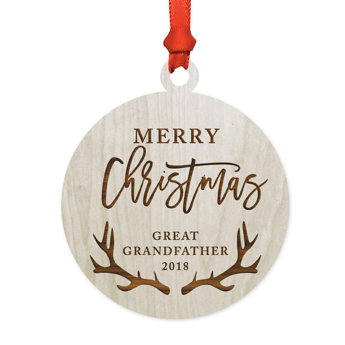 Custom Year Family Laser Engraved Wood Christmas Ornament, Deer Antlers Design 2-Set of 1-Andaz Press-Great Grandfather Merry Christmas-