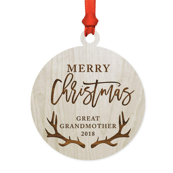 Custom Year Family Laser Engraved Wood Christmas Ornament, Deer Antlers Design 2-Set of 1-Andaz Press-Great Grandmother Merry Christmas-