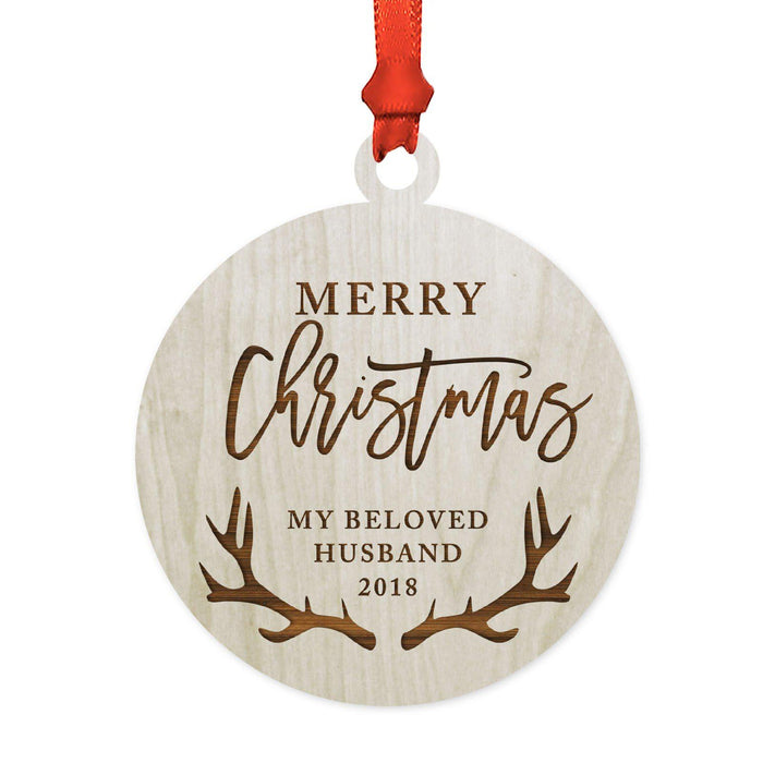 Custom Year Family Laser Engraved Wood Christmas Ornament, Deer Antlers Design 2-Set of 1-Andaz Press-Husband Merry Christmas-