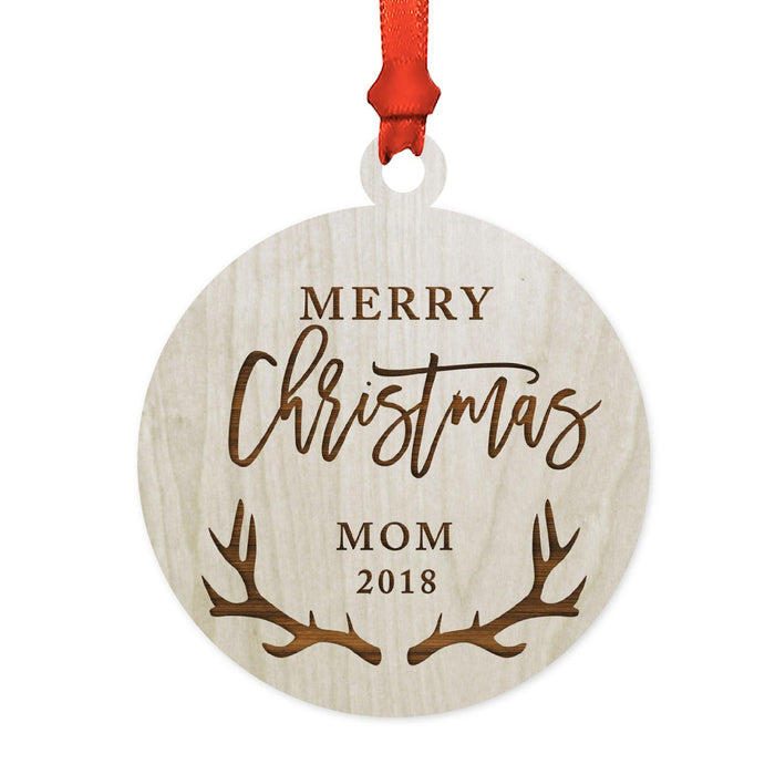 Custom Year Family Laser Engraved Wood Christmas Ornament, Deer Antlers Design 2-Set of 1-Andaz Press-Mom Merry Christmas-