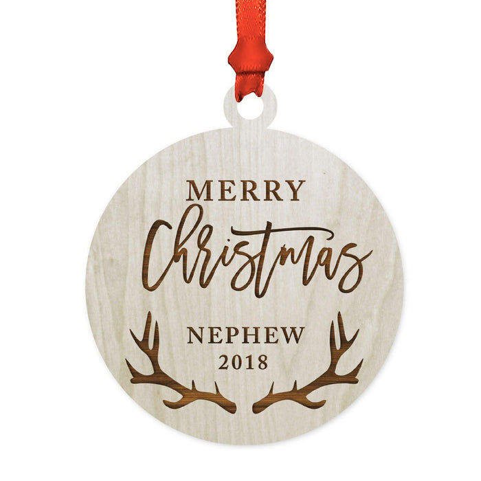 Custom Year Family Laser Engraved Wood Christmas Ornament, Deer Antlers Design 2-Set of 1-Andaz Press-Nephew Merry Christmas-