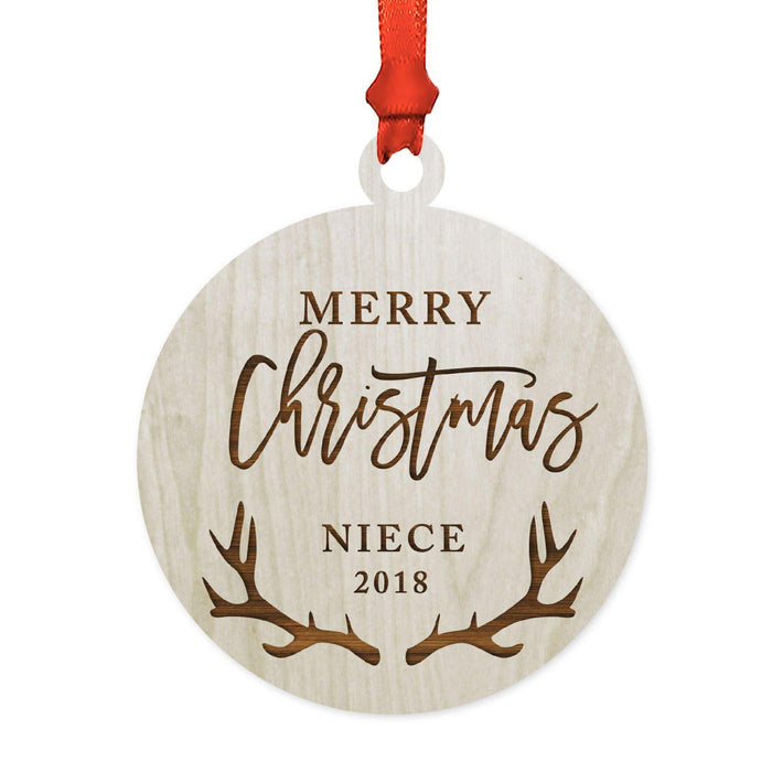 Custom Year Family Laser Engraved Wood Christmas Ornament, Deer Antlers Design 2-Set of 1-Andaz Press-Niece Merry Christmas-