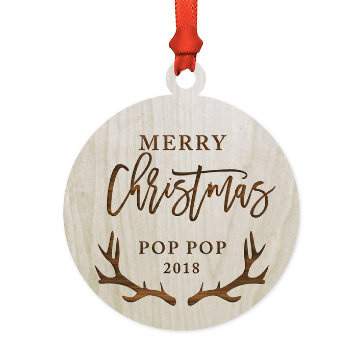 Custom Year Family Laser Engraved Wood Christmas Ornament, Deer Antlers Design 2-Set of 1-Andaz Press-Pop Pop Merry Christmas-