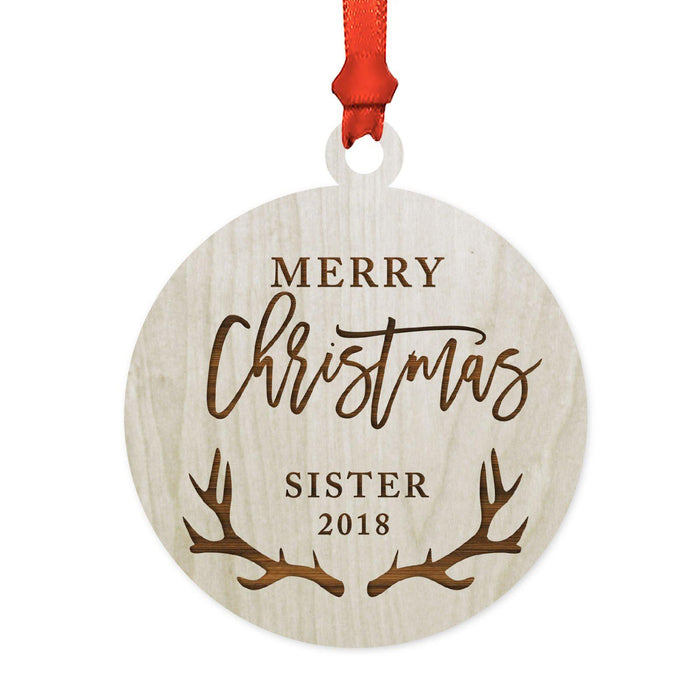 Custom Year Family Laser Engraved Wood Christmas Ornament, Deer Antlers Design 2-Set of 1-Andaz Press-Sister Merry Christmas-