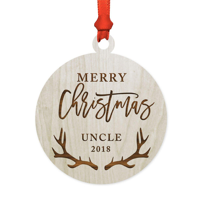 Custom Year Family Laser Engraved Wood Christmas Ornament, Deer Antlers Design 2-Set of 1-Andaz Press-Uncle Merry Christmas-