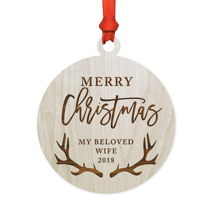 Custom Year Family Laser Engraved Wood Christmas Ornament, Deer Antlers Design 2-Set of 1-Andaz Press-Wife Merry Christmas-