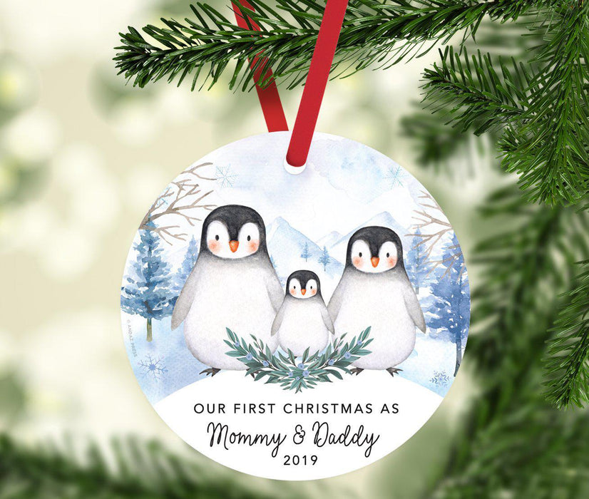 Custom Year Family Round Metal Christmas Keepsake Ornament, Watercolor Winter Penguins on Snow Design 1-Set of 1-Andaz Press-Mommy and Daddy-