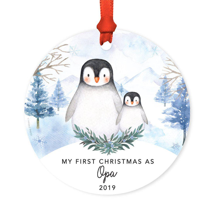 Custom Year Family Round Metal Christmas Keepsake Ornament, Watercolor Winter Penguins on Snow Design 1-Set of 1-Andaz Press-Mommy and Daddy-