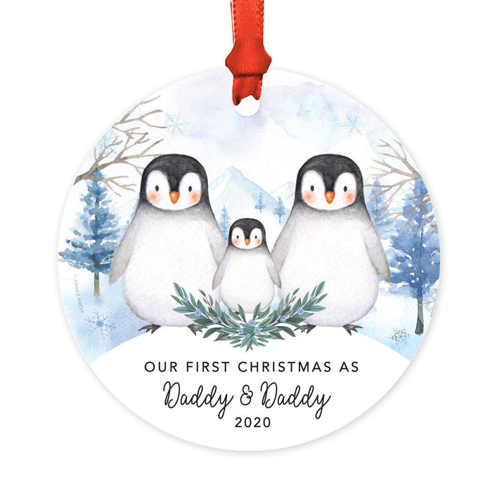 Custom Year Family Round Metal Christmas Keepsake Ornament, Watercolor Winter Penguins on Snow Design 1-Set of 1-Andaz Press-Mommy and Daddy-