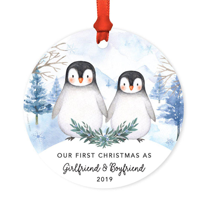 Custom Year Family Round Metal Christmas Keepsake Ornament, Watercolor Winter Penguins on Snow Design 1-Set of 1-Andaz Press-Girlfriend & Boyfriend-