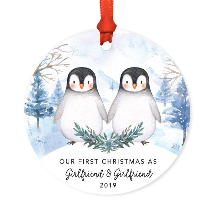 Custom Year Family Round Metal Christmas Keepsake Ornament, Watercolor Winter Penguins on Snow Design 1-Set of 1-Andaz Press-Girlfriend & Girlfriend-