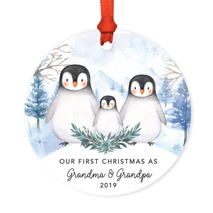 Custom Year Family Round Metal Christmas Keepsake Ornament, Watercolor Winter Penguins on Snow Design 1-Set of 1-Andaz Press-Grandma and Grandpa-