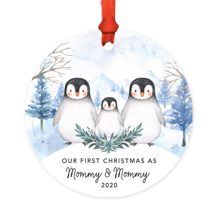 Custom Year Family Round Metal Christmas Keepsake Ornament, Watercolor Winter Penguins on Snow Design 1-Set of 1-Andaz Press-Mommy and Mommy-