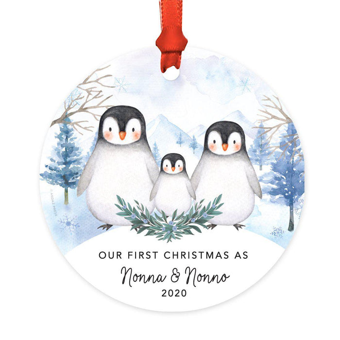Custom Year Family Round Metal Christmas Keepsake Ornament, Watercolor Winter Penguins on Snow Design 1-Set of 1-Andaz Press-Nonna and Nonno-
