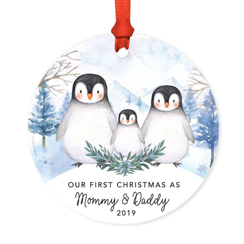 Custom Year Family Round Metal Christmas Keepsake Ornament, Watercolor Winter Penguins on Snow Design 1-Set of 1-Andaz Press-Mommy and Daddy-