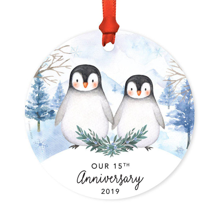Custom Year Family Round Metal Christmas Keepsake Ornament, Watercolor Winter Penguins on Snow Design 2-Set of 1-Andaz Press-15th Anniversary-