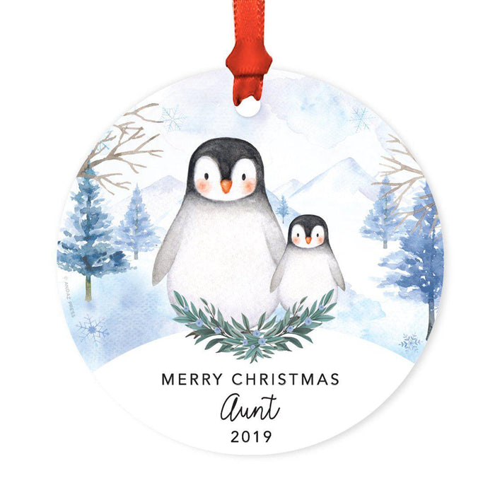 Custom Year Family Round Metal Christmas Keepsake Ornament, Watercolor Winter Penguins on Snow Design 2-Set of 1-Andaz Press-Boyfriend & Boyfriend-